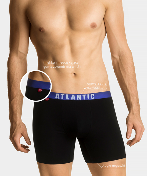 W trzypacku znajdziesz bokserki w czarnym kolorze, różniące się między sobą kolorem szerokiej gumy w talii - szarym, niebieskim i czerwonym, na której znajduje się sporych rozmiarów logo Atlantic #2