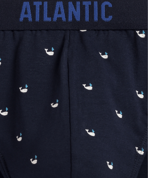 W trzypacku znajdują się slipy męskie w kolorach: niebieskim i granatowym z delikatnym nadrukiem w małe wieloryby (dwie pary) #2