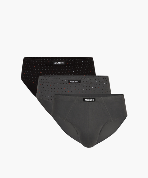W 3-packu znajdują się slipy męskie: czarne oraz khaki - ozdobione niewielkimi wzorkami o graficznym charakterze oraz ciemne khaki - gładkie #1