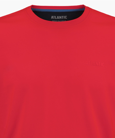 Czerwony t-shirt odznacza się się krótkimi rękawami, wycięciem blisko szyi oraz niewielkich rozmiarów napisem ATLANTIC na przodzie #2