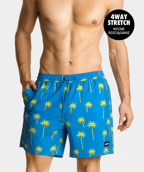 Męskie szorty kąpielowe męskie w nasyconym, niebieskim odcieniu pokryte są wakacyjnym wzorem w palmy #1
