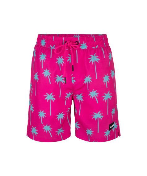 Szorty kąpielowe w intensywnie różowym kolorze, ozdobione są wakacyjnymi wzorami w palmy #3